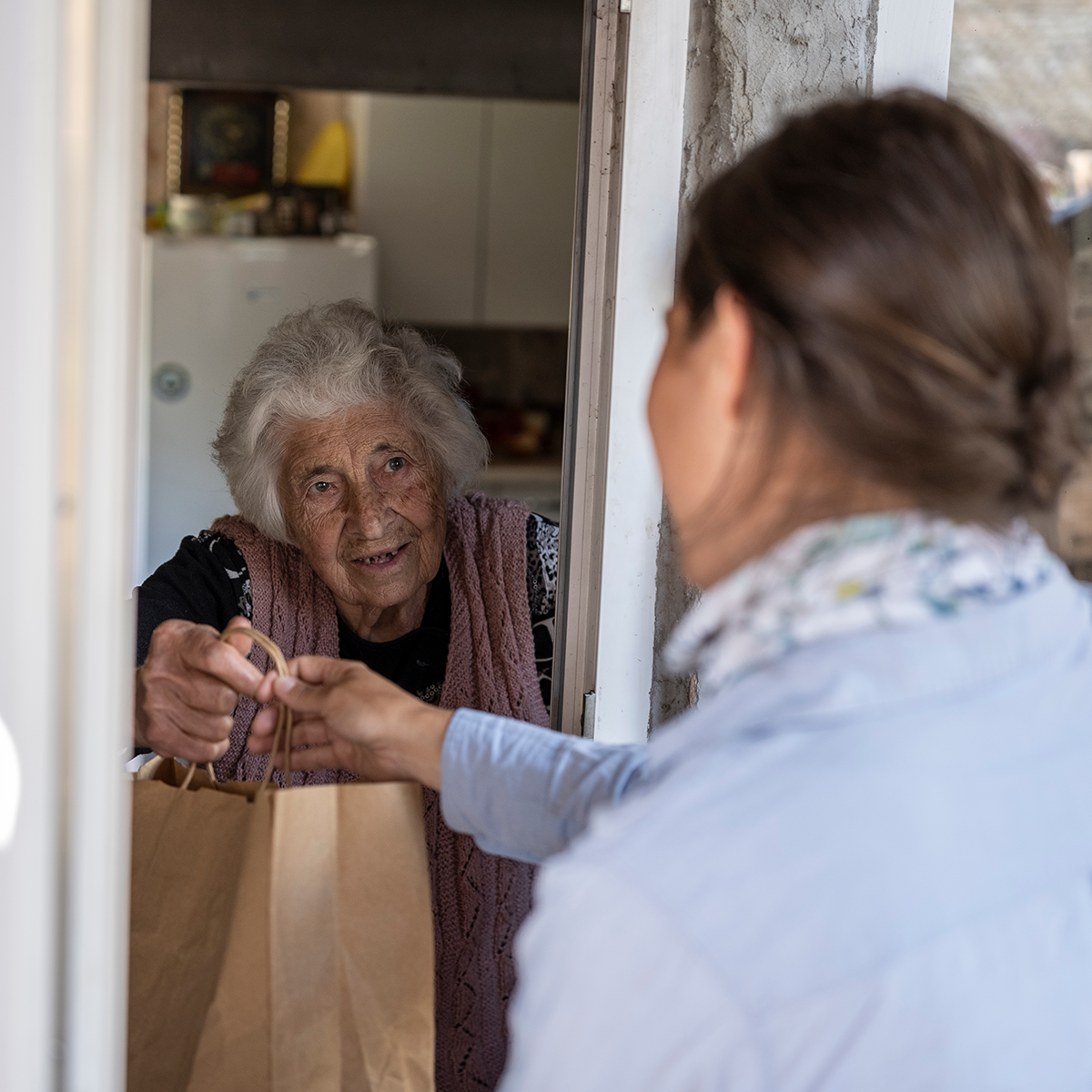 young woman delivering groceries to elderly woman's house